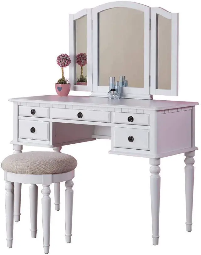 Alt view image 6 of 7 - Bedroom Contemporary Vanity Set w Foldable Mirror Stool Drawers White Color