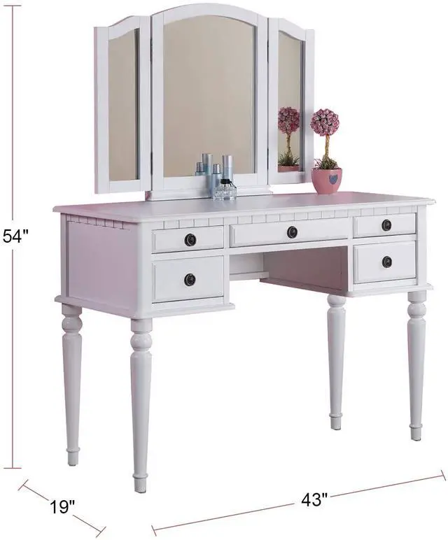 Alt view image 5 of 7 - Bedroom Contemporary Vanity Set w Foldable Mirror Stool Drawers White Color