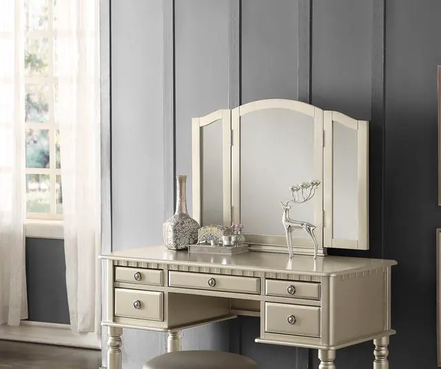 Alt view image 2 of 7 - Bedroom Contemporary Vanity Set w Foldable Mirror Stool Drawers Silver Color
