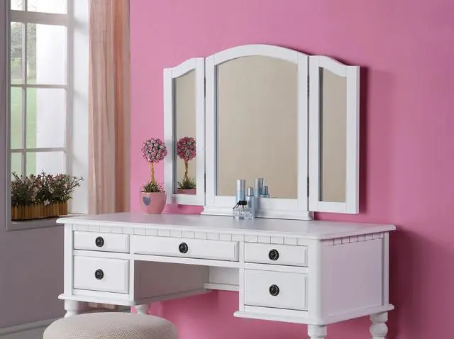 Alt view image 2 of 7 - Bedroom Contemporary Vanity Set w Foldable Mirror Stool Drawers White Color