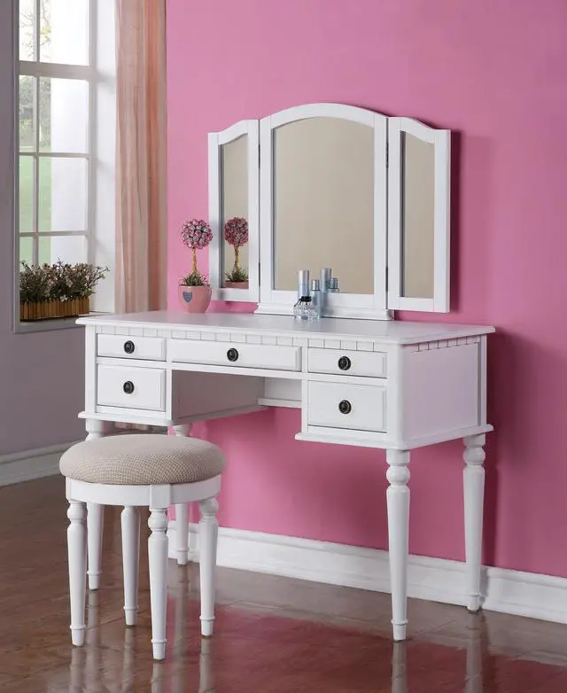 Main image of Bedroom Contemporary Vanity Set w Foldable Mirror Stool Drawers White Color