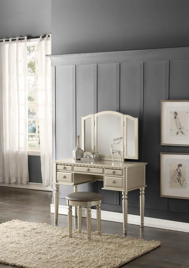 Main image of Bedroom Contemporary Vanity Set w Foldable Mirror Stool Drawers Silver Color