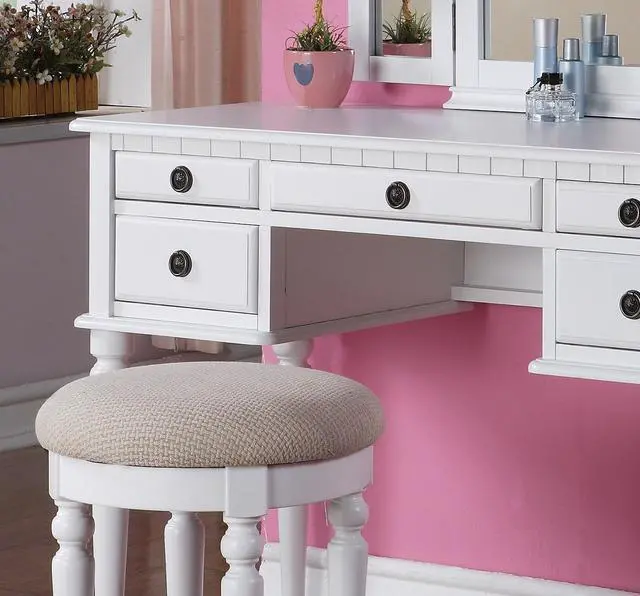 Alt view image 7 of 7 - Bedroom Contemporary Vanity Set w Foldable Mirror Stool Drawers White Color