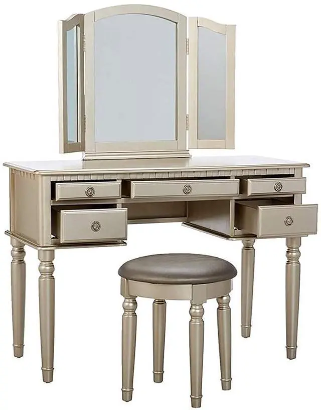 Alt view image 5 of 7 - Bedroom Contemporary Vanity Set w Foldable Mirror Stool Drawers Silver Color