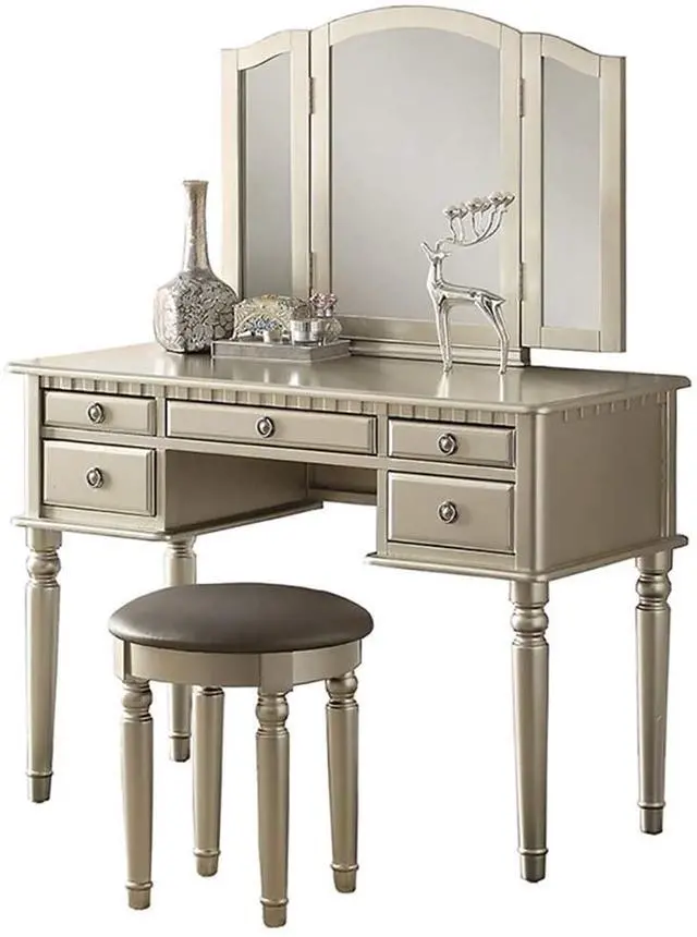 Alt view image 6 of 7 - Bedroom Contemporary Vanity Set w Foldable Mirror Stool Drawers Silver Color
