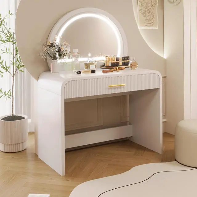 Alt view image 2 of 7 - 39" Makeup Vanity Table with Mirror Touch Screen Lighted Mirror, Dressing Table with Drawer for Bedroom, White