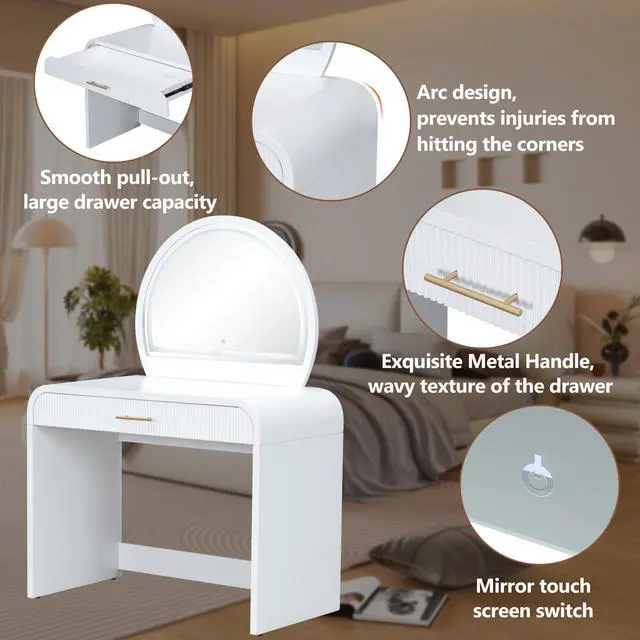 Alt view image 5 of 7 - 39" Makeup Vanity Table with Mirror Touch Screen Lighted Mirror, Dressing Table with Drawer for Bedroom, White