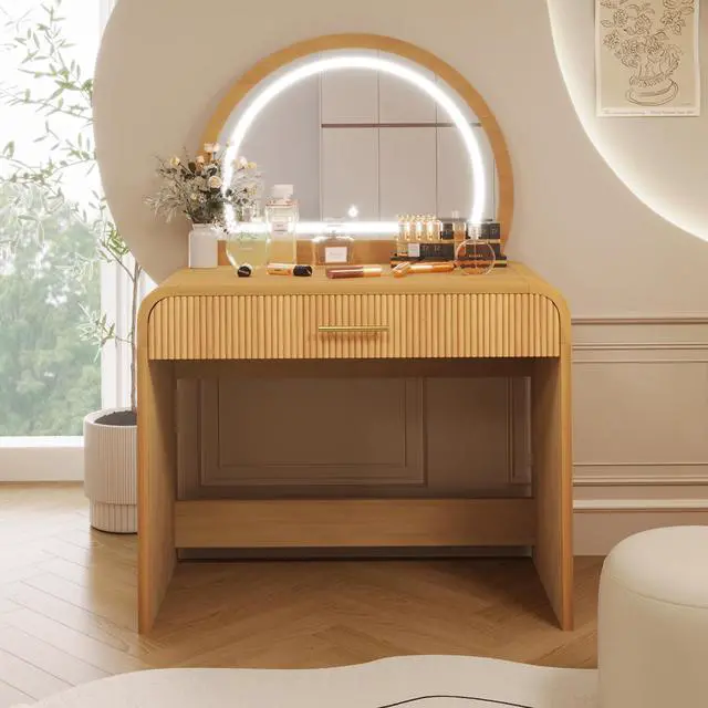 Alt view image 2 of 7 - 39" Makeup Vanity Table with Mirror Touch Screen Lighted Mirror, Dressing Table with Drawer for Bedroom, Natural
