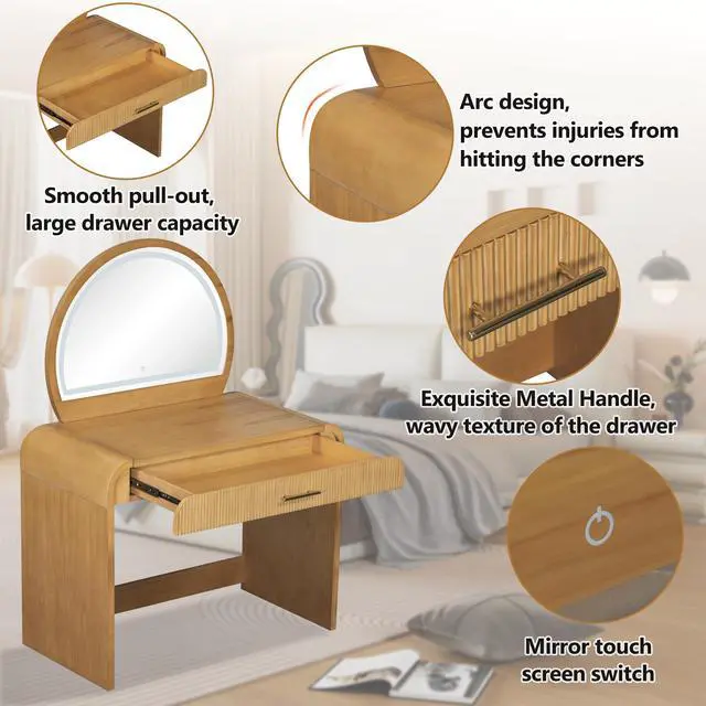Alt view image 5 of 7 - 39" Makeup Vanity Table with Mirror Touch Screen Lighted Mirror, Dressing Table with Drawer for Bedroom, Natural