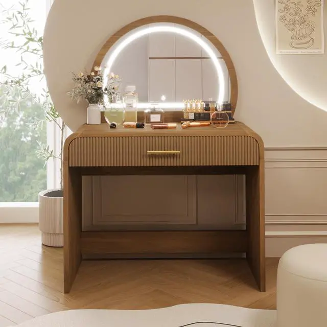 Alt view image 2 of 7 - 39" Makeup Vanity Table with Mirror Touch Screen Lighted Mirror, Dressing Table with Drawer for Bedroom, Espresso
