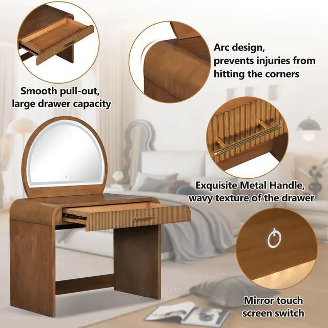 Alt view image 5 of 7 - 39" Makeup Vanity Table with Mirror Touch Screen Lighted Mirror, Dressing Table with Drawer for Bedroom, Espresso