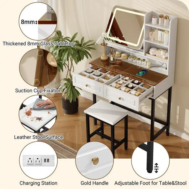 Alt view image 4 of 7 - Makeup Vanity with LED Lighted Mirror, 360° Rotatable Mirror, Vanity Desk with 2 Drawers,Power Outlet and 3-Tier Shelves, Amber Glass Table Top, Dressing Table with Sturdy Metal Leg and Stool, White