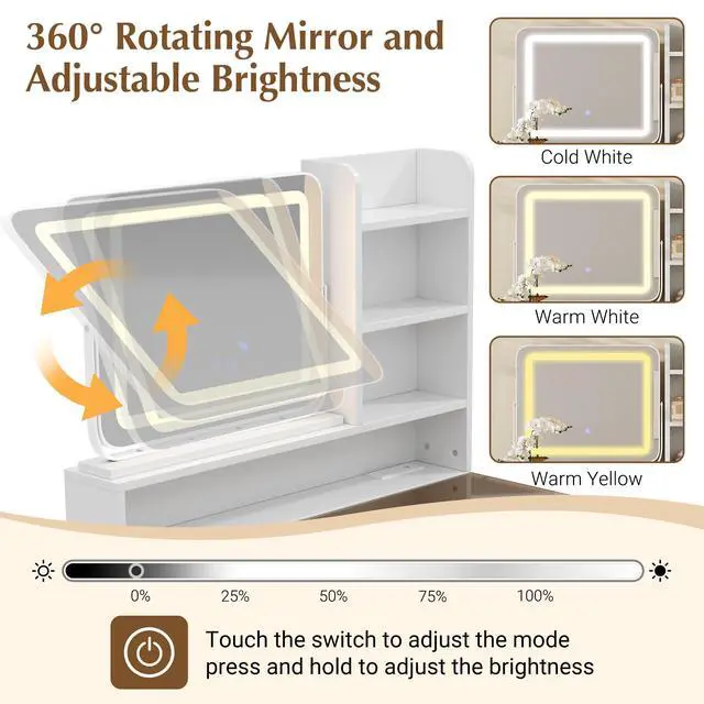 Alt view image 5 of 7 - Makeup Vanity with LED Lighted Mirror, 360° Rotatable Mirror, Vanity Desk with 2 Drawers,Power Outlet and 3-Tier Shelves, Amber Glass Table Top, Dressing Table with Sturdy Metal Leg and Stool, White