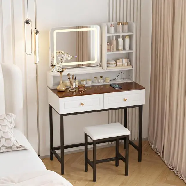 Alt view image 2 of 7 - Makeup Vanity with LED Lighted Mirror, 360° Rotatable Mirror, Vanity Desk with 2 Drawers,Power Outlet and 3-Tier Shelves, Amber Glass Table Top, Dressing Table with Sturdy Metal Leg and Stool, White