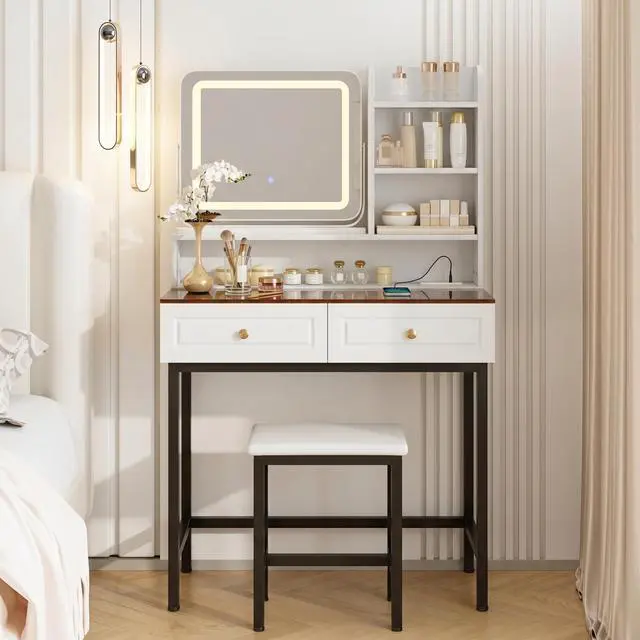 Main image of Makeup Vanity with LED Lighted Mirror, 360° Rotatable Mirror, Vanity Desk with 2 Drawers,Power Outlet and 3-Tier Shelves, Amber Glass Table Top, Dressing Table with Sturdy Metal Leg and Stool, White