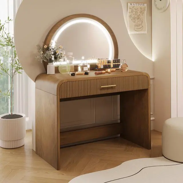 Alt view image 3 of 7 - 39" Makeup Vanity Table with Mirror Touch Screen Lighted Mirror, Dressing Table with Drawer for Bedroom, Espresso
