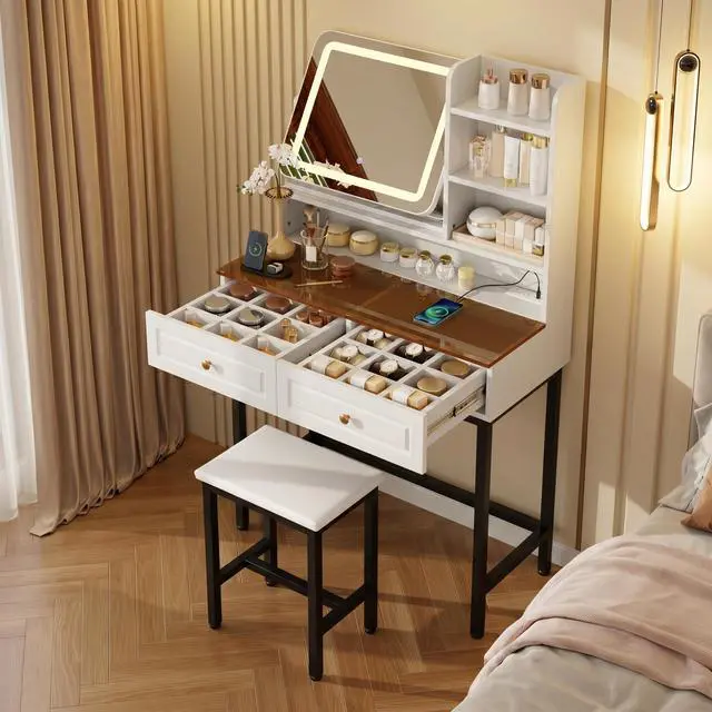 Alt view image 3 of 7 - Makeup Vanity with LED Lighted Mirror, 360° Rotatable Mirror, Vanity Desk with 2 Drawers,Power Outlet and 3-Tier Shelves, Amber Glass Table Top, Dressing Table with Sturdy Metal Leg and Stool, White