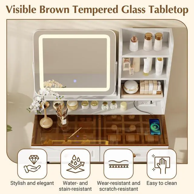 Alt view image 6 of 7 - Makeup Vanity with LED Lighted Mirror, 360° Rotatable Mirror, Vanity Desk with 2 Drawers,Power Outlet and 3-Tier Shelves, Amber Glass Table Top, Dressing Table with Sturdy Metal Leg and Stool, White
