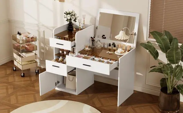 Alt view image 7 of 7 - 3-in-1 Vanity Desk with Flip Top Mirror, Glass Top Compact Makeup Vanity & Hidden Storage, Vanity Table with 3 Drawers and Cabinet, Space-Saving Dressing Tablefor Bedroom, White