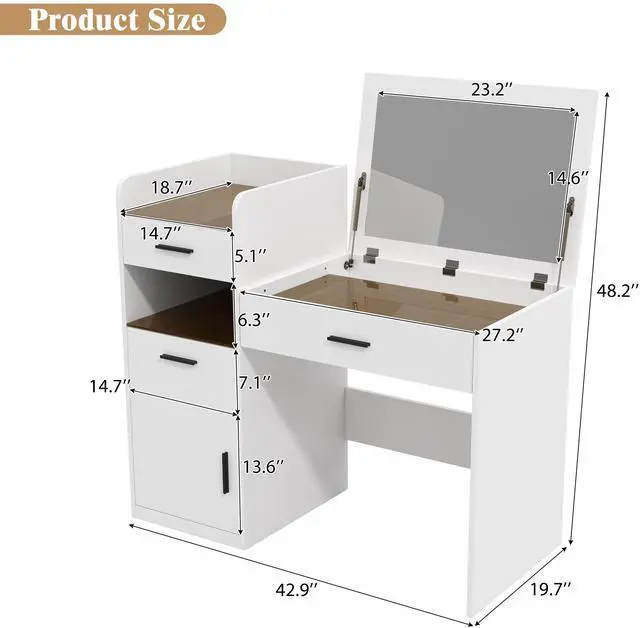 Alt view image 6 of 7 - 3-in-1 Vanity Desk with Flip Top Mirror, Glass Top Compact Makeup Vanity & Hidden Storage, Vanity Table with 3 Drawers and Cabinet, Space-Saving Dressing Tablefor Bedroom, White