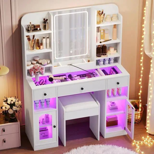 Main image of 43.2" Vanity Desk with LED Mirror and Lights, Glass Top Vanity with RGB Glass Light Cabinets, Dressing Table with 3 Drawers ,Storage Shelves and Stool for Bedroom, White