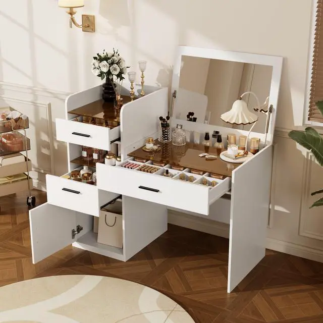 Main image of 3-in-1 Vanity Desk with Flip Top Mirror, Glass Top Compact Makeup Vanity & Hidden Storage, Vanity Table with 3 Drawers and Cabinet, Space-Saving Dressing Tablefor Bedroom, White