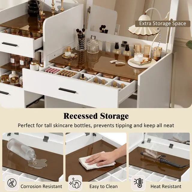 Alt view image 4 of 7 - 3-in-1 Vanity Desk with Flip Top Mirror, Glass Top Compact Makeup Vanity & Hidden Storage, Vanity Table with 3 Drawers and Cabinet, Space-Saving Dressing Tablefor Bedroom, White