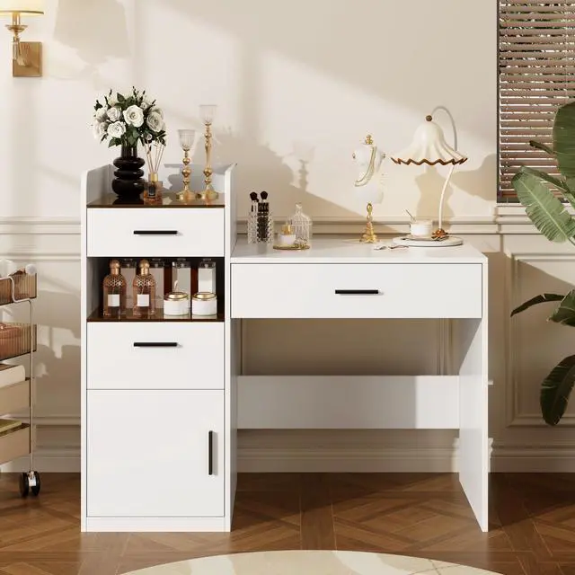 Alt view image 2 of 7 - 3-in-1 Vanity Desk with Flip Top Mirror, Glass Top Compact Makeup Vanity & Hidden Storage, Vanity Table with 3 Drawers and Cabinet, Space-Saving Dressing Tablefor Bedroom, White