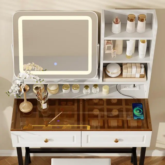 Alt view image 7 of 7 - Makeup Vanity with LED Lighted Mirror, 360° Rotatable Mirror, Vanity Desk with 2 Drawers,Power Outlet and 3-Tier Shelves, Amber Glass Table Top, Dressing Table with Sturdy Metal Leg and Stool, White