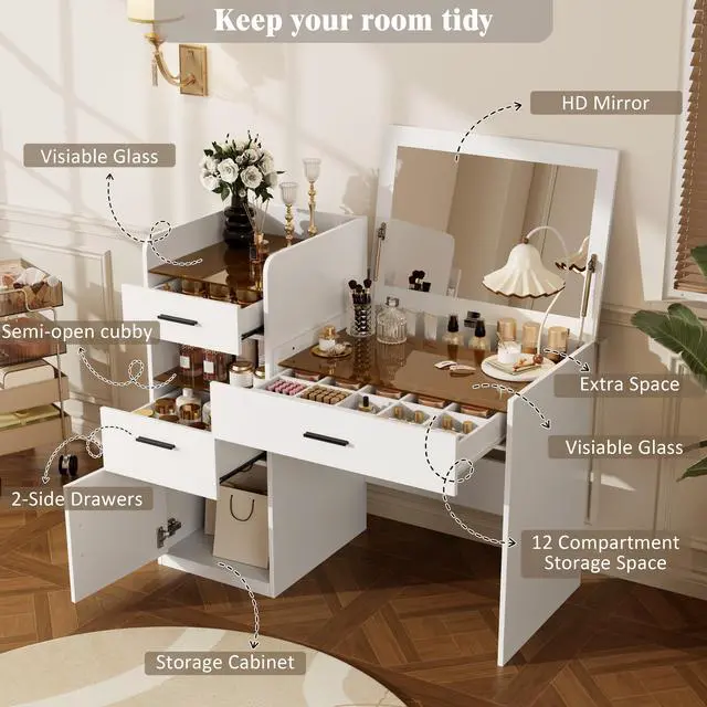 Alt view image 3 of 7 - 3-in-1 Vanity Desk with Flip Top Mirror, Glass Top Compact Makeup Vanity & Hidden Storage, Vanity Table with 3 Drawers and Cabinet, Space-Saving Dressing Tablefor Bedroom, White