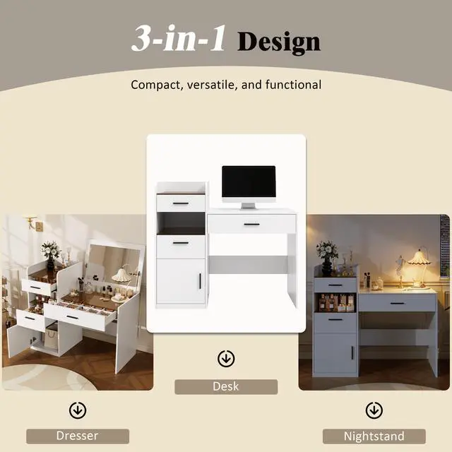 Alt view image 5 of 7 - 3-in-1 Vanity Desk with Flip Top Mirror, Glass Top Compact Makeup Vanity & Hidden Storage, Vanity Table with 3 Drawers and Cabinet, Space-Saving Dressing Tablefor Bedroom, White