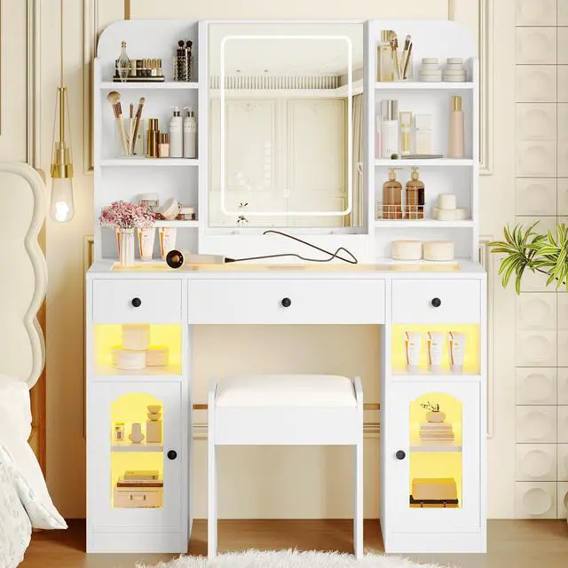 Alt view image 2 of 7 - 43.2" Vanity Desk with LED Mirror and Lights, Glass Top Vanity with RGB Glass Light Cabinets, Dressing Table with 3 Drawers ,Storage Shelves and Stool for Bedroom, White