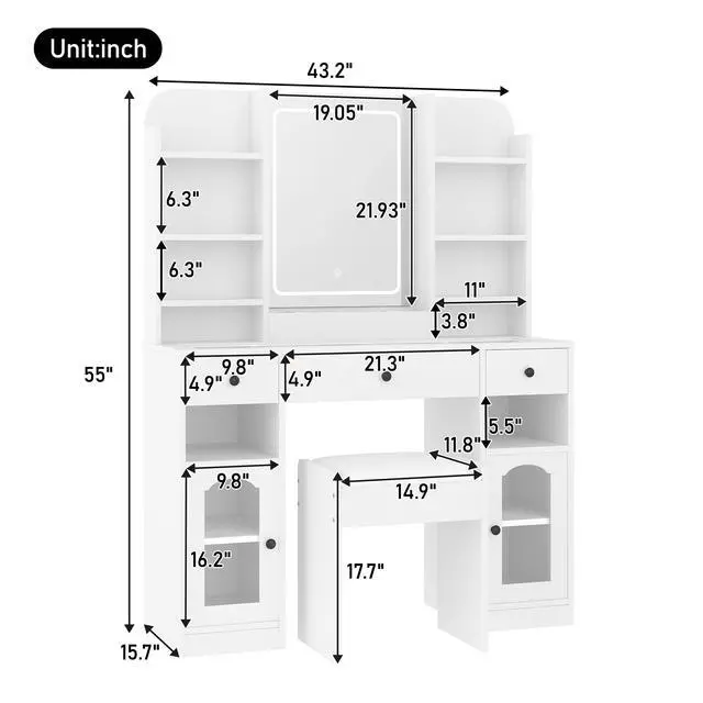 Alt view image 7 of 7 - 43.2" Vanity Desk with LED Mirror and Lights, Glass Top Vanity with RGB Glass Light Cabinets, Dressing Table with 3 Drawers ,Storage Shelves and Stool for Bedroom, White