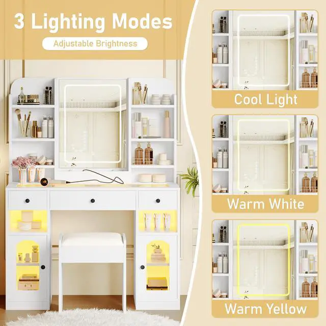 Alt view image 6 of 7 - 43.2" Vanity Desk with LED Mirror and Lights, Glass Top Vanity with RGB Glass Light Cabinets, Dressing Table with 3 Drawers ,Storage Shelves and Stool for Bedroom, White