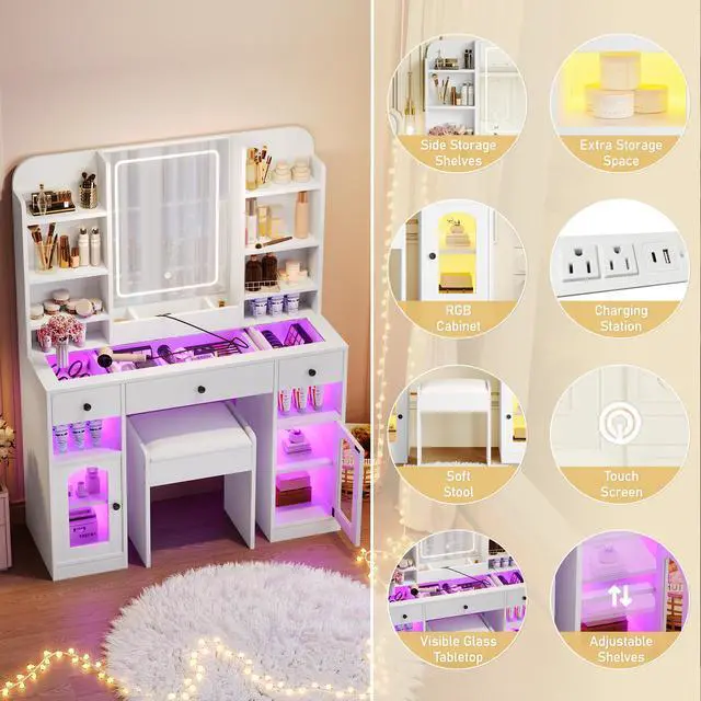 Alt view image 5 of 7 - 43.2" Vanity Desk with LED Mirror and Lights, Glass Top Vanity with RGB Glass Light Cabinets, Dressing Table with 3 Drawers ,Storage Shelves and Stool for Bedroom, White