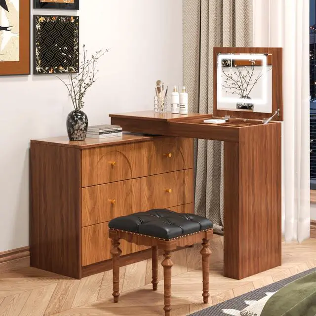 Alt view image 2 of 7 - Vanity Desk with Mirror and Lights, Makeup Vanity Table with Flip-Top Tabletop and Storage 7 Drawers, 9 Compartments, 3 Shelves, 3 Color Modes Adjustable Makeup Table for Bedroom, Walnut (N733P279096)