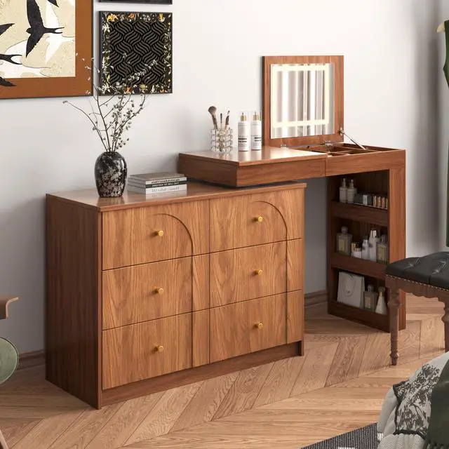Main image of Vanity Desk with Mirror and Lights, Makeup Vanity Table with Flip-Top Tabletop and Storage 7 Drawers, 9 Compartments, 3 Shelves, 3 Color Modes Adjustable Makeup Table for Bedroom, Walnut (N733P279096)