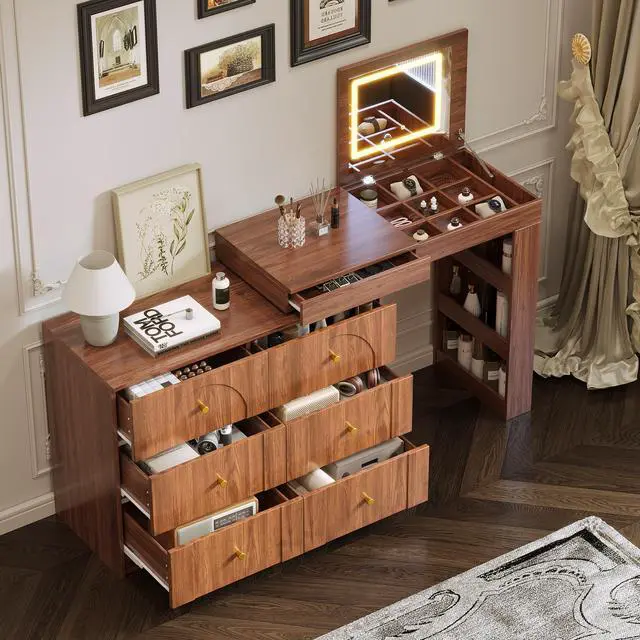Alt view image 3 of 7 - Vanity Desk with Mirror and Lights, Makeup Vanity Table with Flip-Top Tabletop and Storage 7 Drawers, 9 Compartments, 3 Shelves, 3 Color Modes Adjustable Makeup Table for Bedroom, Walnut (N733P279096)