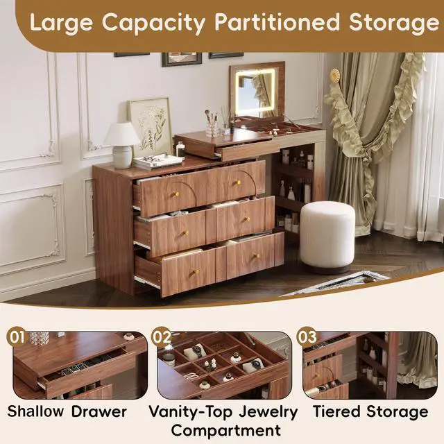 Alt view image 5 of 7 - Vanity Desk with Mirror and Lights, Makeup Vanity Table with Flip-Top Tabletop and Storage 7 Drawers, 9 Compartments, 3 Shelves, 3 Color Modes Adjustable Makeup Table for Bedroom, Walnut (N733P279096)