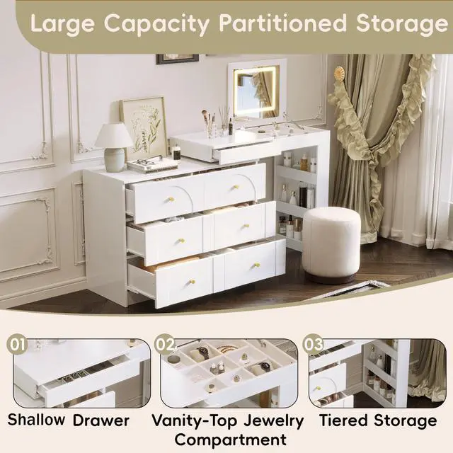 Alt view image 5 of 7 - Vanity Desk with Mirror and Lights, Makeup Vanity Table with Flip-Top Tabletop and Storage 7 Drawers, 9 Compartments, 3 Shelves, 3 Color Modes Adjustable Makeup Table for Bedroom,White (N733P279096K)