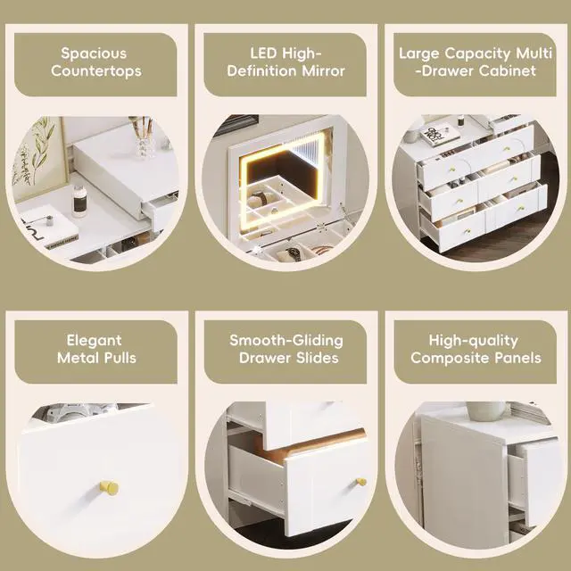Alt view image 6 of 7 - Vanity Desk with Mirror and Lights, Makeup Vanity Table with Flip-Top Tabletop and Storage 7 Drawers, 9 Compartments, 3 Shelves, 3 Color Modes Adjustable Makeup Table for Bedroom,White (N733P279096K)