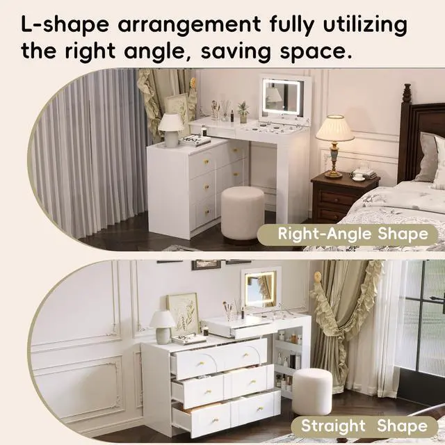 Alt view image 7 of 7 - Vanity Desk with Mirror and Lights, Makeup Vanity Table with Flip-Top Tabletop and Storage 7 Drawers, 9 Compartments, 3 Shelves, 3 Color Modes Adjustable Makeup Table for Bedroom,White (N733P279096K)