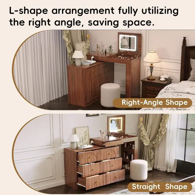 Alt view image 6 of 7 - Vanity Desk with Mirror and Lights, Makeup Vanity Table with Flip-Top Tabletop and Storage 7 Drawers, 9 Compartments, 3 Shelves, 3 Color Modes Adjustable Makeup Table for Bedroom, Walnut (N733P279096)