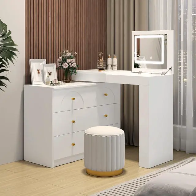 Alt view image 2 of 7 - Vanity Desk with Mirror and Lights, Makeup Vanity Table with Flip-Top Tabletop and Storage 7 Drawers, 9 Compartments, 3 Shelves, 3 Color Modes Adjustable Makeup Table for Bedroom,White (N733P279096K)