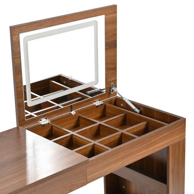 Alt view image 7 of 7 - Vanity Desk with Mirror and Lights, Makeup Vanity Table with Flip-Top Tabletop and Storage 7 Drawers, 9 Compartments, 3 Shelves, 3 Color Modes Adjustable Makeup Table for Bedroom, Walnut (N733P279096)