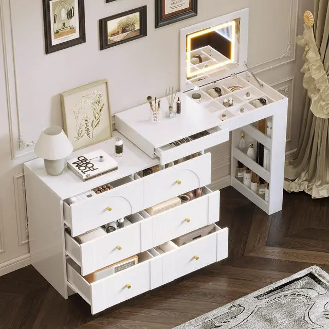 Alt view image 3 of 7 - Vanity Desk with Mirror and Lights, Makeup Vanity Table with Flip-Top Tabletop and Storage 7 Drawers, 9 Compartments, 3 Shelves, 3 Color Modes Adjustable Makeup Table for Bedroom,White (N733P279096K)