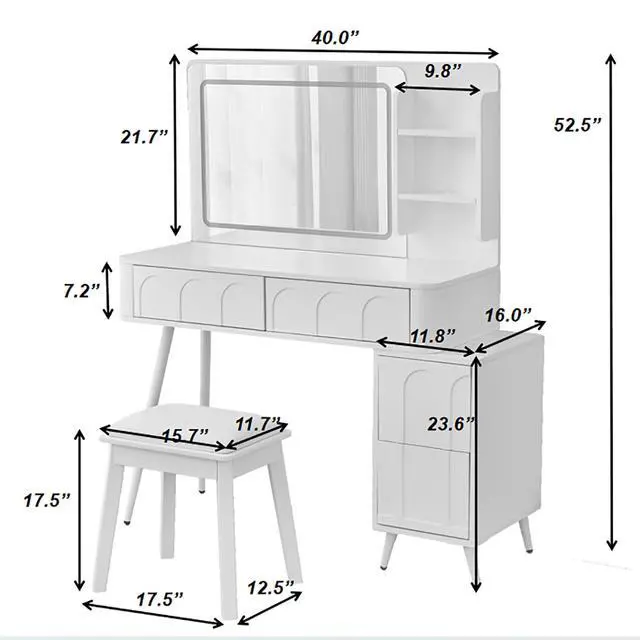 Alt view image 3 of 7 - Modern Makeup Vanity Desk with LED Lights & Mirror, 4 Drawer Dressing Table Set with Stool, 3 Colors Dimmable Brightness, Space-Saving for Bedroom, White