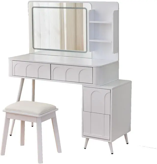 Main image of Modern Makeup Vanity Desk with LED Lights & Mirror, 4 Drawer Dressing Table Set with Stool, 3 Colors Dimmable Brightness, Space-Saving for Bedroom, White