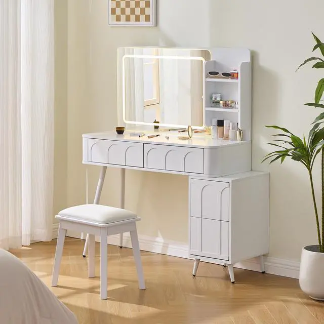 Alt view image 2 of 7 - Modern Makeup Vanity Desk with LED Lights & Mirror, 4 Drawer Dressing Table Set with Stool, 3 Colors Dimmable Brightness, Space-Saving for Bedroom, White