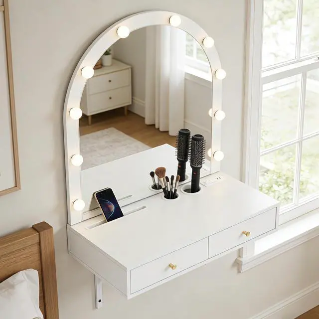Main image of Floating Makeup Vanity Desk with Mirror & 3-Color Lights, Wall Dressing Table with Power Outlet, Compact vanity, Large Storage, White